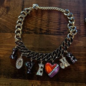 Betsey Johnson 60's Mod Retro LOVE ME Letter Red Purple Lucite AB Heart Necklace